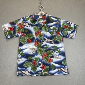 Go Barefoot Shirt Mens Medium Hawaiian Aloha‎ Tradition Seaplane Tropical Print